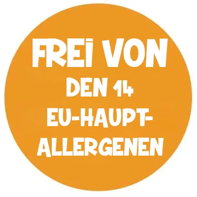 Button mit der Aufschrift "Frei von den 14 EU-Hauptallergenen"